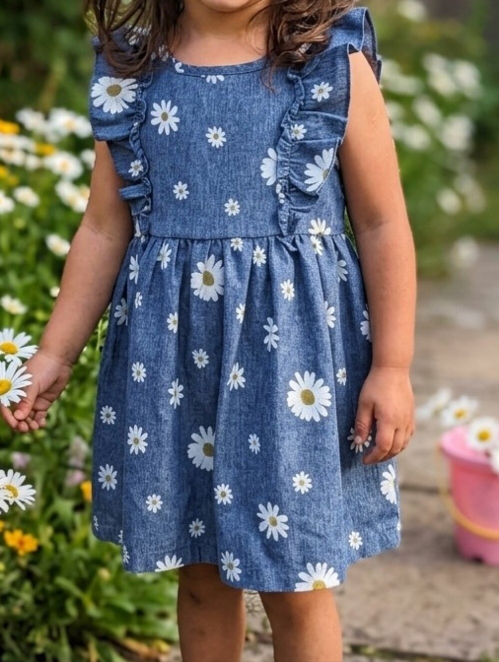 SHEIN Baby Girl Faux Denim Daisy Floral Dress 18-24 Months Ruffle Sleeve